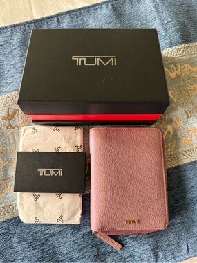 Tumi Pink Pebbled Leather Zip Card Holder Wallet